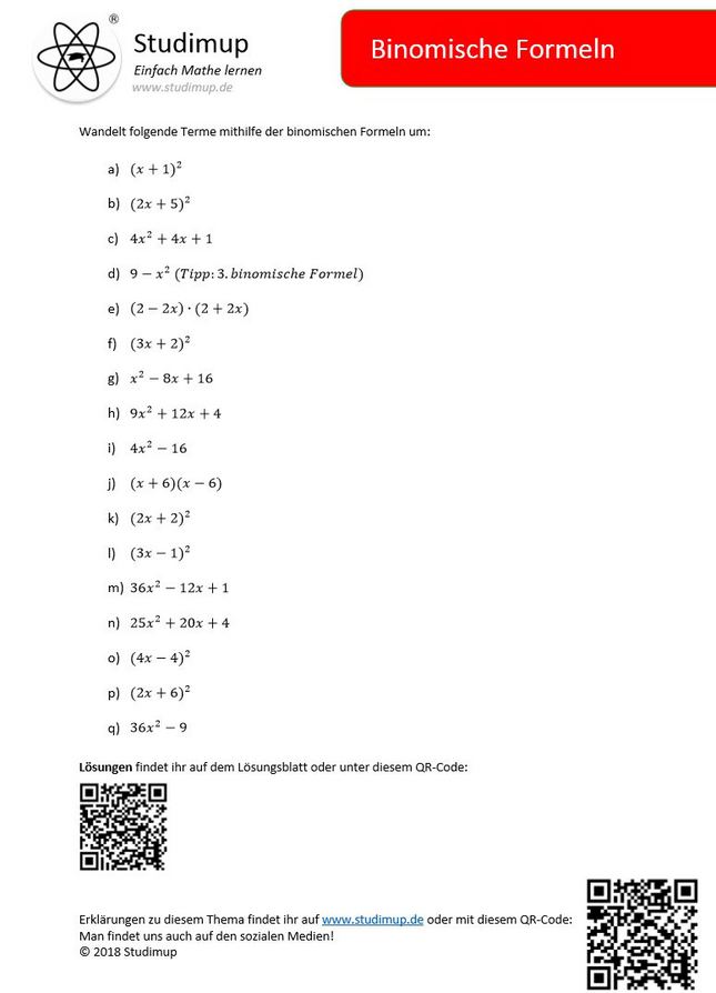 Arbeitsblatt zu binomischen Formeln (17 Aufgaben in 2 Varianten) - Lernmarktplatz