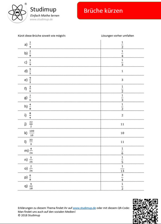 Arbeitsblatt zu Brüche kürzen (17 Aufgaben) - Lernmarktplatz