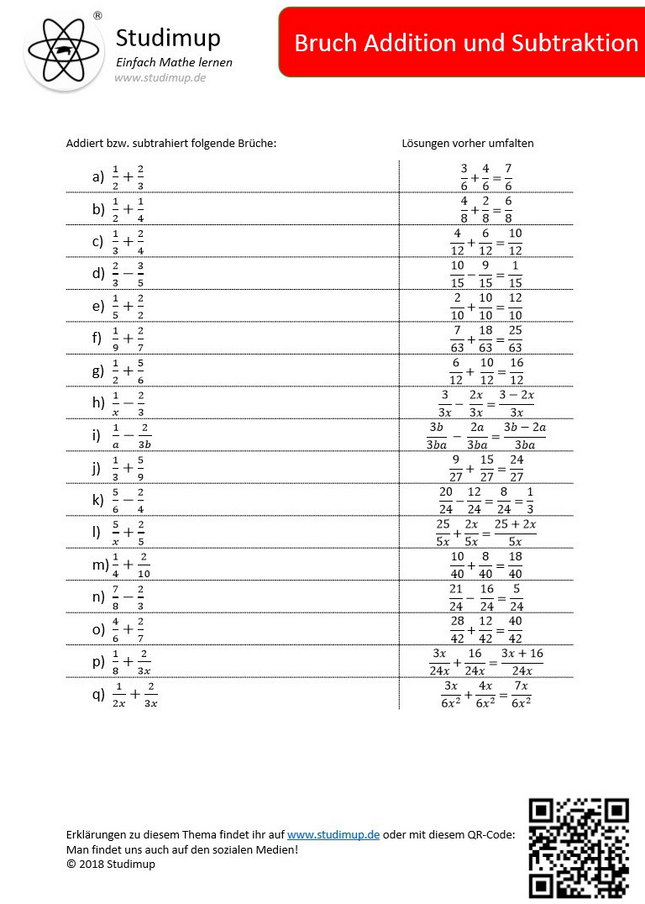 Arbeitsblatt zum Bruchrechnen (17 Aufgaben) - Lernmarktplatz