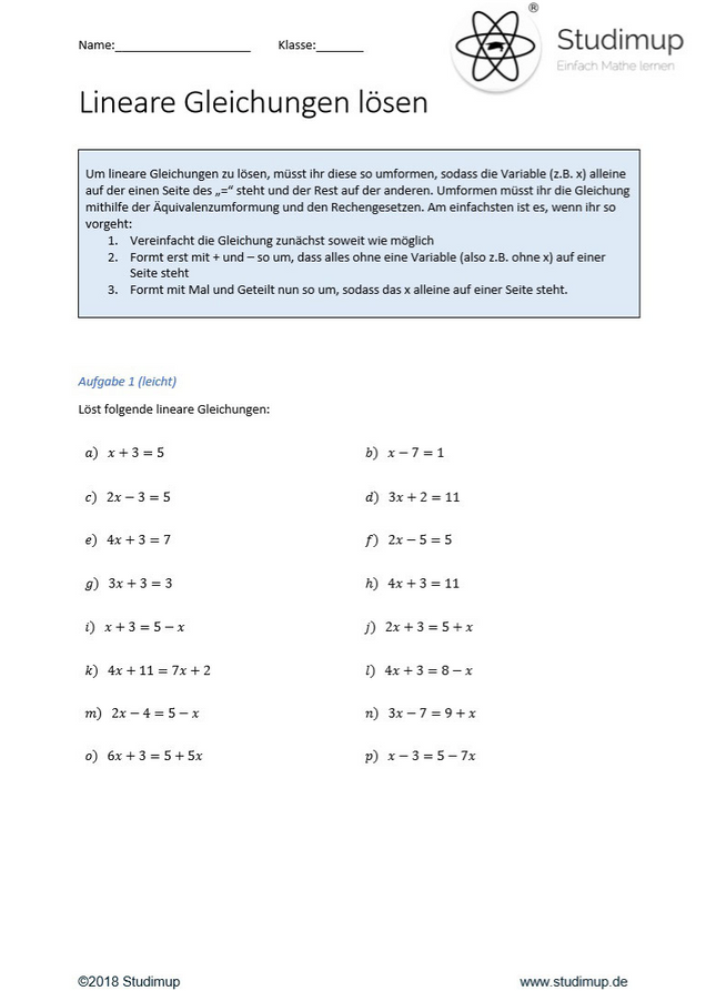 Arbeitsblatt zum Lösen von Gleichungen (3 Schwierigkeitsstufen) - Lernmarktplatz