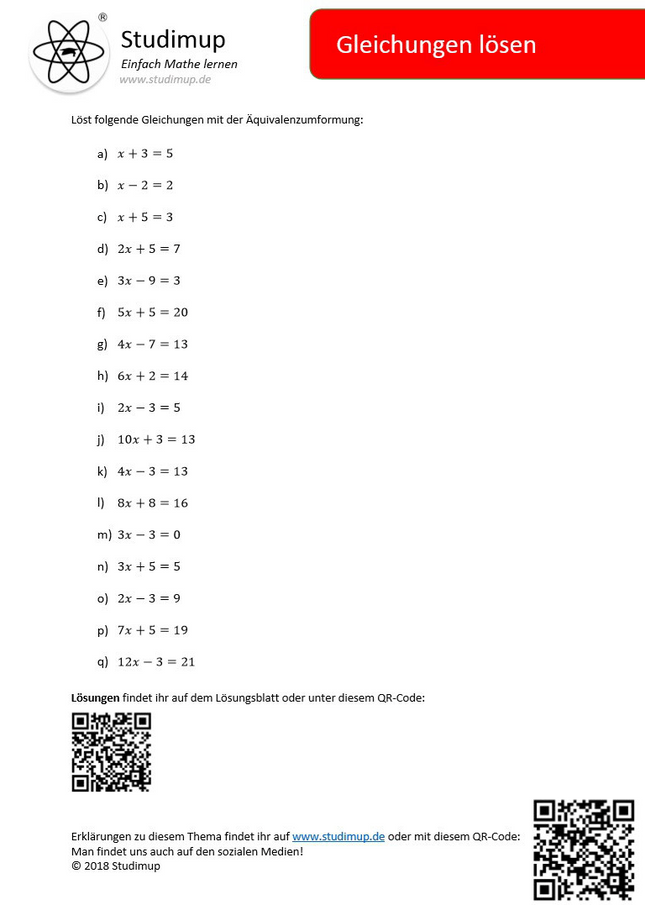 Arbeitsblatt zum Lösen von Gleichungen (17 Aufgaben) - Lernmarktplatz