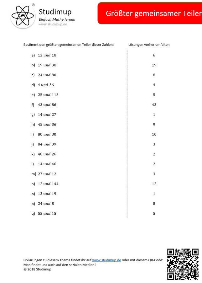 Arbeitsblatt zum größten gemeinsamen Teiler (ggT) (17 Aufgaben) - Lernmarktplatz