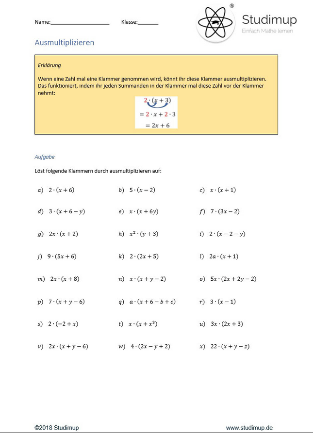 Arbeitsblatt zum Ausklammern und Ausmultiplizieren mit Erklärungen - Lernmarktplatz