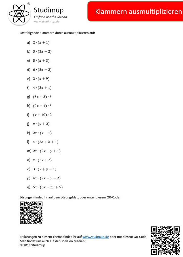 Arbeitsblatt zum Klammern ausmultiplizieren (17 Aufgaben) - Lernmarktplatz