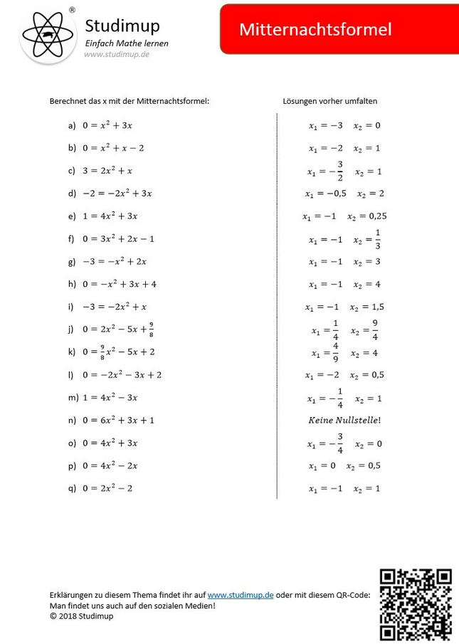Mitternachtsformel Arbeitsblatt zum Üben - Lernmarktplatz