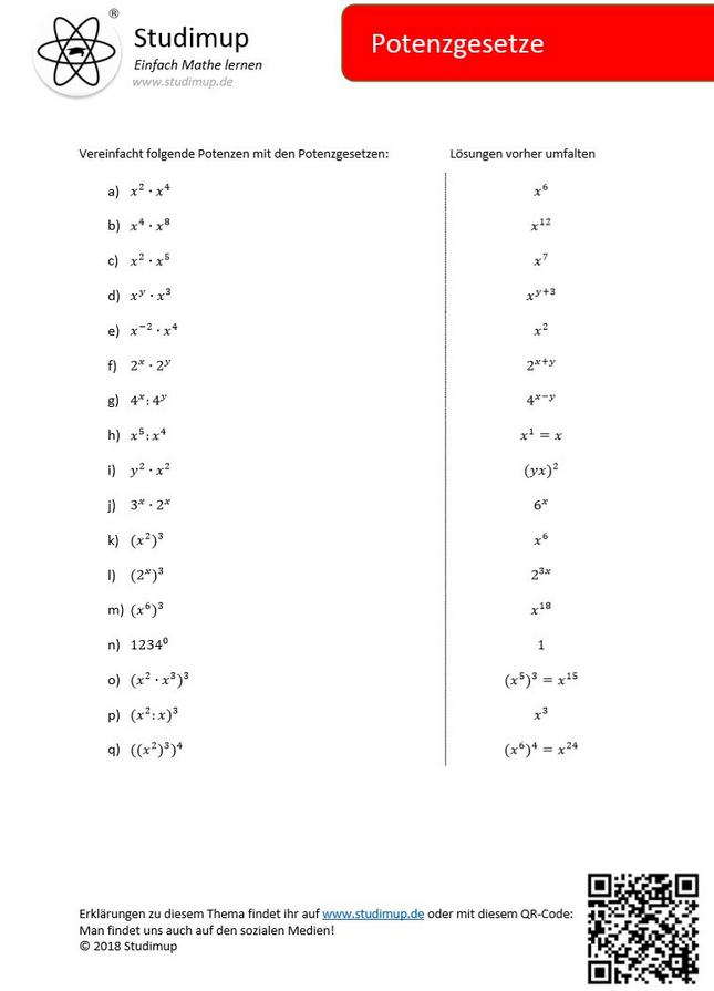 Arbeitsblatt „Potenzgesetze“ – Zwei praktische Varianten - Lernmarktplatz
