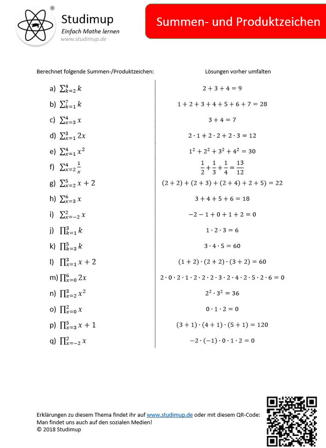 Arbeitsblatt zum Summenzeichen und Produktzeichen - Lernmarktplatz