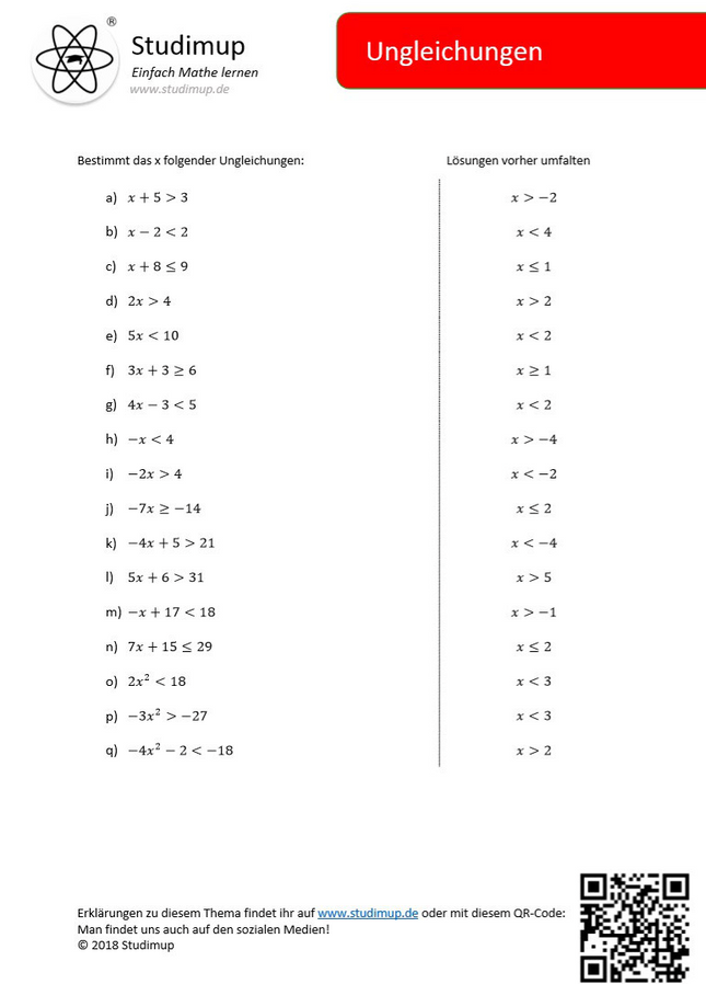 Arbeitsblatt zum Üben von Ungleichungen - Lernmarktplatz