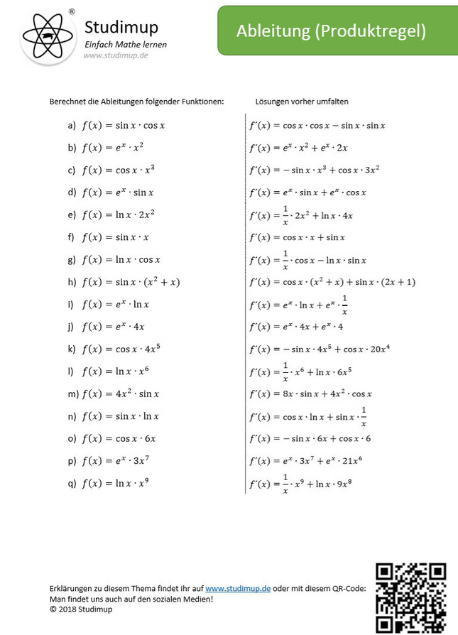 Arbeitsblatt zum Üben der Produktregel - Ableitung - Lernmarktplatz