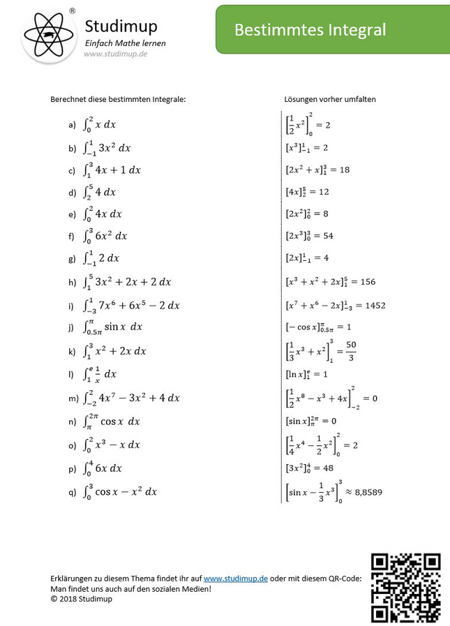 Arbeitsblatt zum Berechnen des bestimmten Integrals - Lernmarktplatz