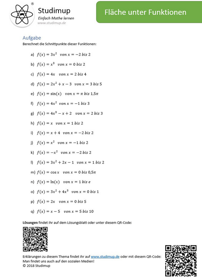 Arbeitsblatt zum Berechnen der Fläche unter einer Funktion - Lernmarktplatz