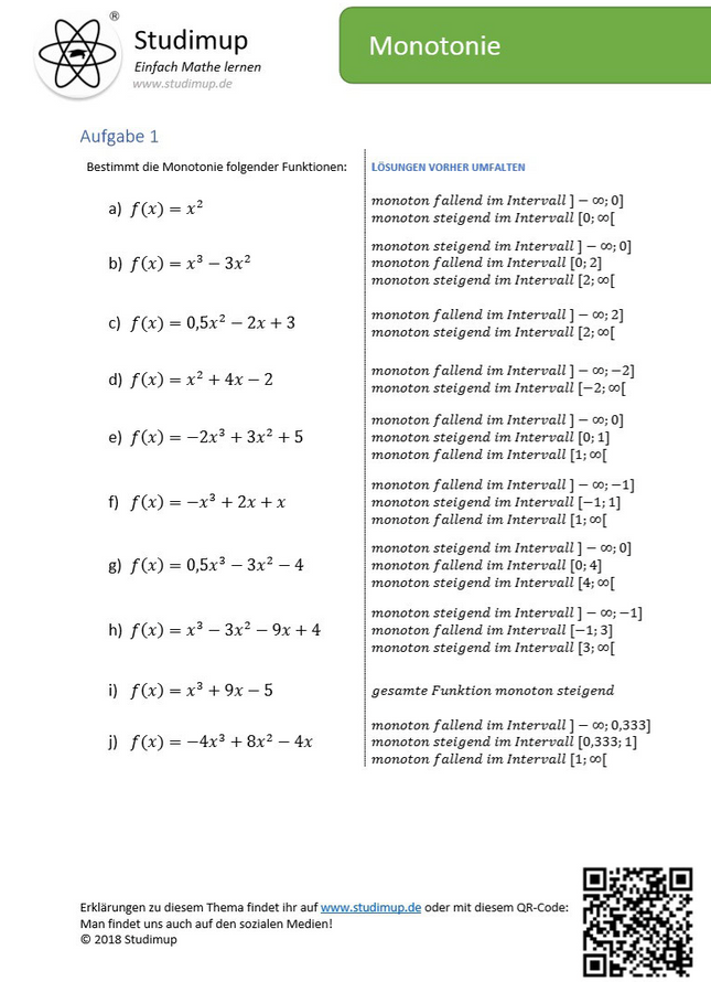 Arbeitsblatt zur Bestimmung der Monotonie - Lernmarktplatz