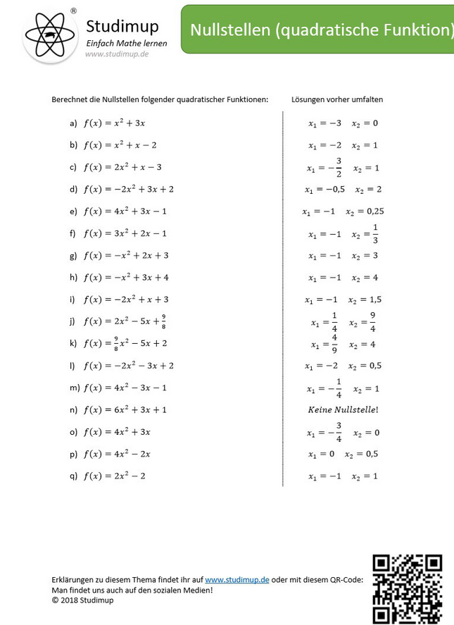Arbeitsblatt zur Berechnung von Nullstellen bei quadratischen Funktionen - Lernmarktplatz