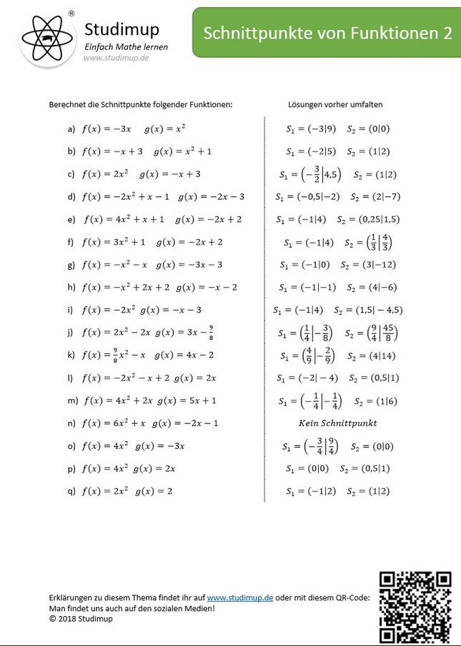 Arbeitsblatt zum Berechnen von Schnittpunkten quadratischer und linearer Funktionen - Lernmarktplatz