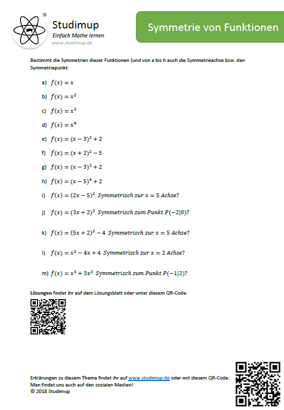 Arbeitsblatt zum Bestimmen der Symmetrie von Funktionen - Lernmarktplatz