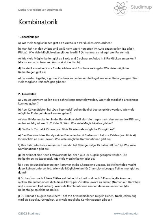 Arbeitsblatt zur Kombinatorik - Lernmarktplatz