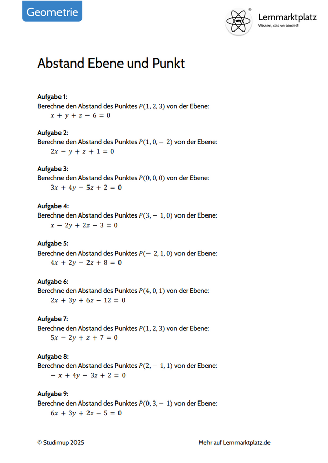 Arbeitsblatt - Abstand zwischen Punkt und Ebene berechnen - Lernmarktplatz