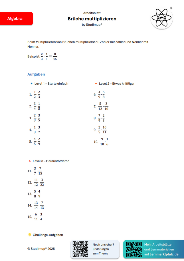 Arbeitsblatt Brüche multiplizieren – Übungsblatt mit Lösungen für Schüler