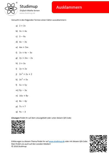 Arbeitsblatt zum Ausklammern (17 Aufgaben) - Lernmarktplatz