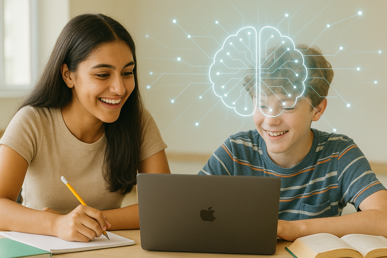 Schüler lernen am Laptop mithilfe von KI