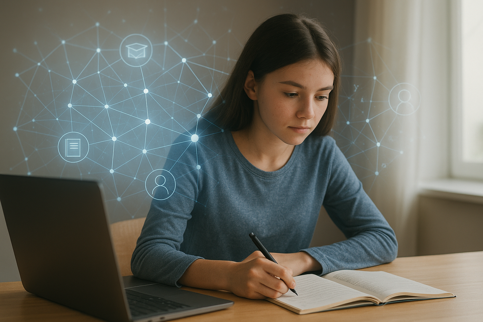 Schülerin lernt mit KI, dargestellt als Linien die um sie herum sind.