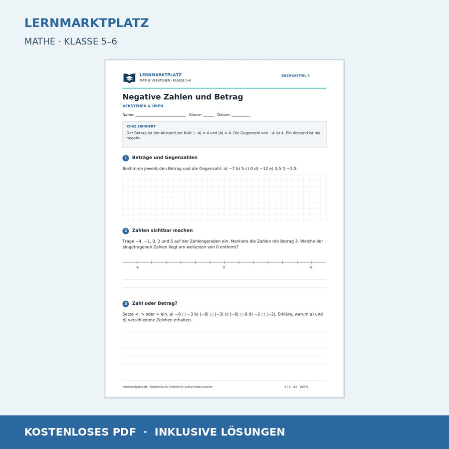 Negative Zahlen und Betrag – kostenloses Mathe-Arbeitsblatt mit Lösungen (PDF) – Vorschau
