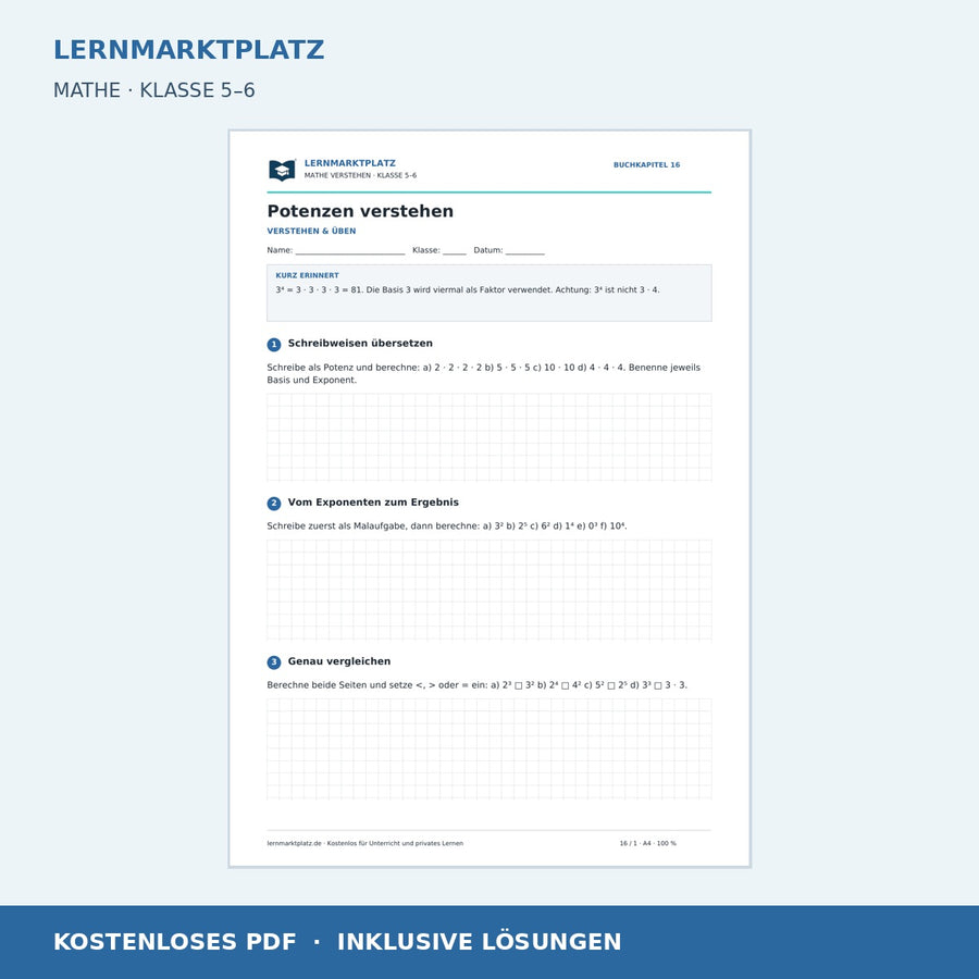 Potenzen verstehen – kostenloses Mathe-Arbeitsblatt mit Lösungen (PDF) – Vorschau