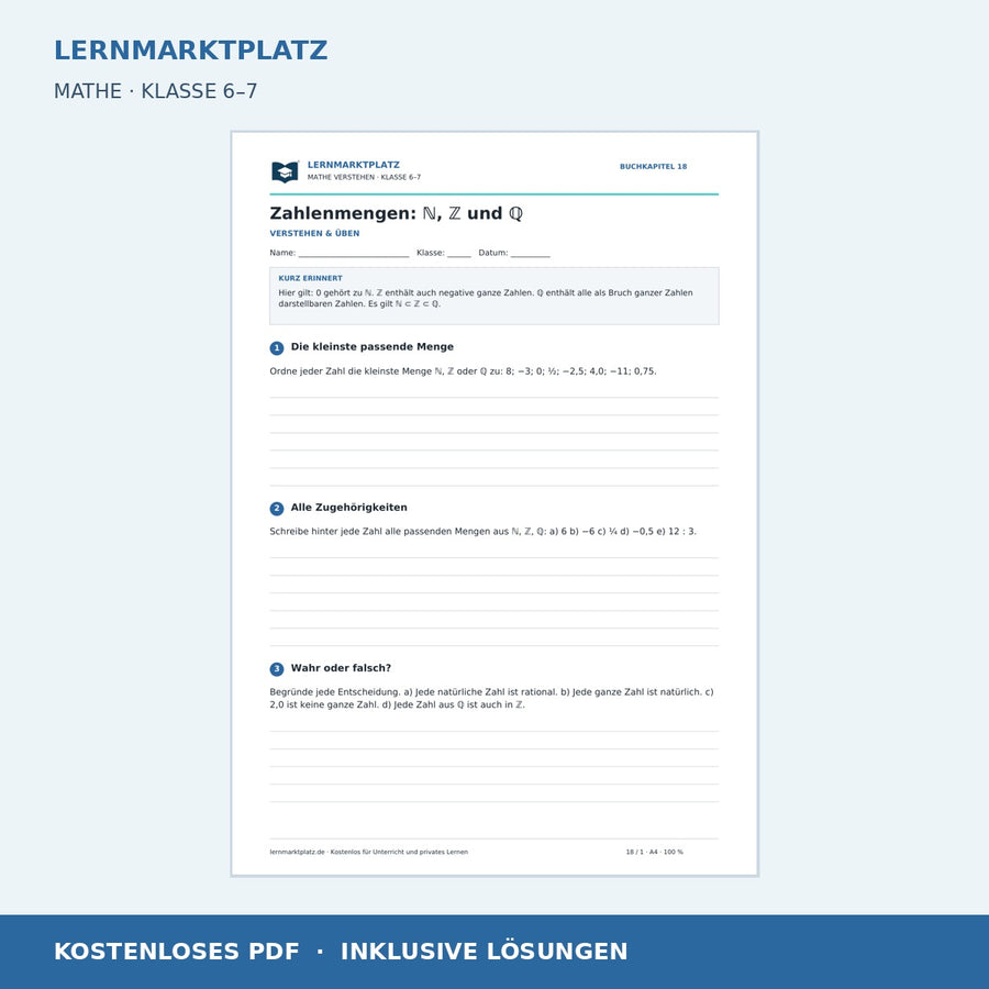 Zahlenmengen: ℕ, ℤ und ℚ – kostenloses Mathe-Arbeitsblatt mit Lösungen (PDF) – Vorschau
