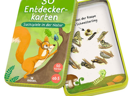 50 Entdeckerkarten – Suchspiele in der Natur – Geöffnete Dose mit einer Karte zur Entwicklung des Schmetterlings