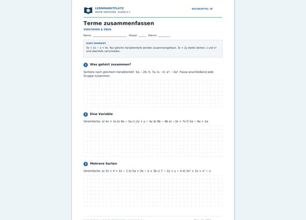 Terme zusammenfassen – kostenloses Mathe-Arbeitsblatt mit Lösungen (PDF) – Vorschau