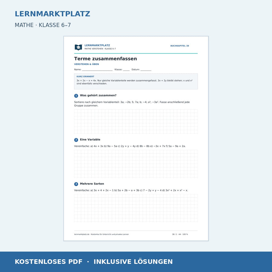 Terme zusammenfassen – kostenloses Mathe-Arbeitsblatt mit Lösungen (PDF) – Vorschau