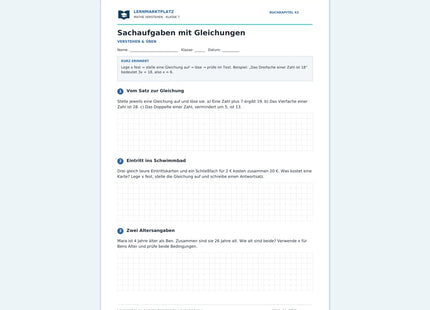 Sachaufgaben mit Gleichungen – kostenloses Mathe-Arbeitsblatt mit Lösungen (PDF) – Vorschau