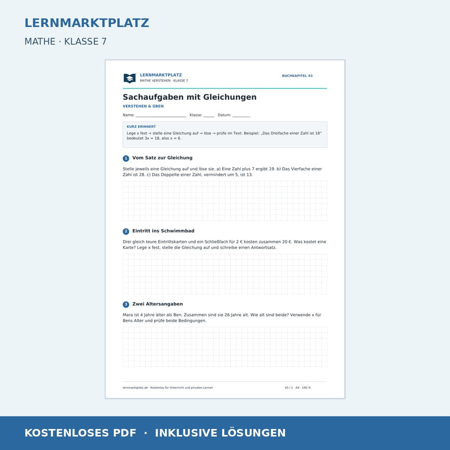 Sachaufgaben mit Gleichungen – kostenloses Mathe-Arbeitsblatt mit Lösungen (PDF) – Vorschau