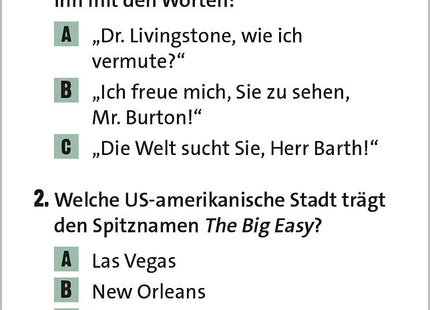 Quizzen & Wissen – Allgemeinwissen von A bis Z: 150 Fragen – Beispielkarte mit zwei Wissensfragen und Antwortmöglichkeiten