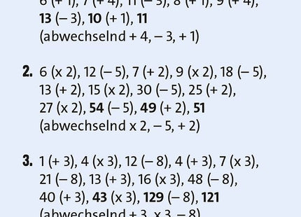 Quizzen & Wissen – Gehirnjogging: 75 Denksportaufgaben – Lösungsseite der Beispielkarte mit erläuterten Zahlenmustern