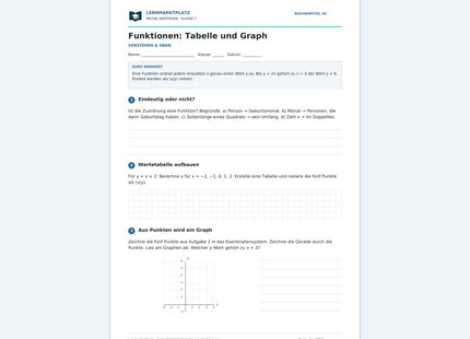 Funktionen: Tabelle und Graph – kostenloses Mathe-Arbeitsblatt mit Lösungen (PDF) – Vorschau