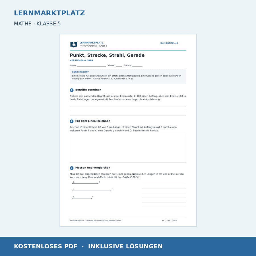 Punkt, Strecke, Strahl, Gerade – kostenloses Mathe-Arbeitsblatt mit Lösungen (PDF) – Vorschau