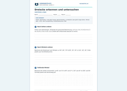 Dreiecke erkennen und untersuchen – kostenloses Mathe-Arbeitsblatt mit Lösungen (PDF) – Vorschau