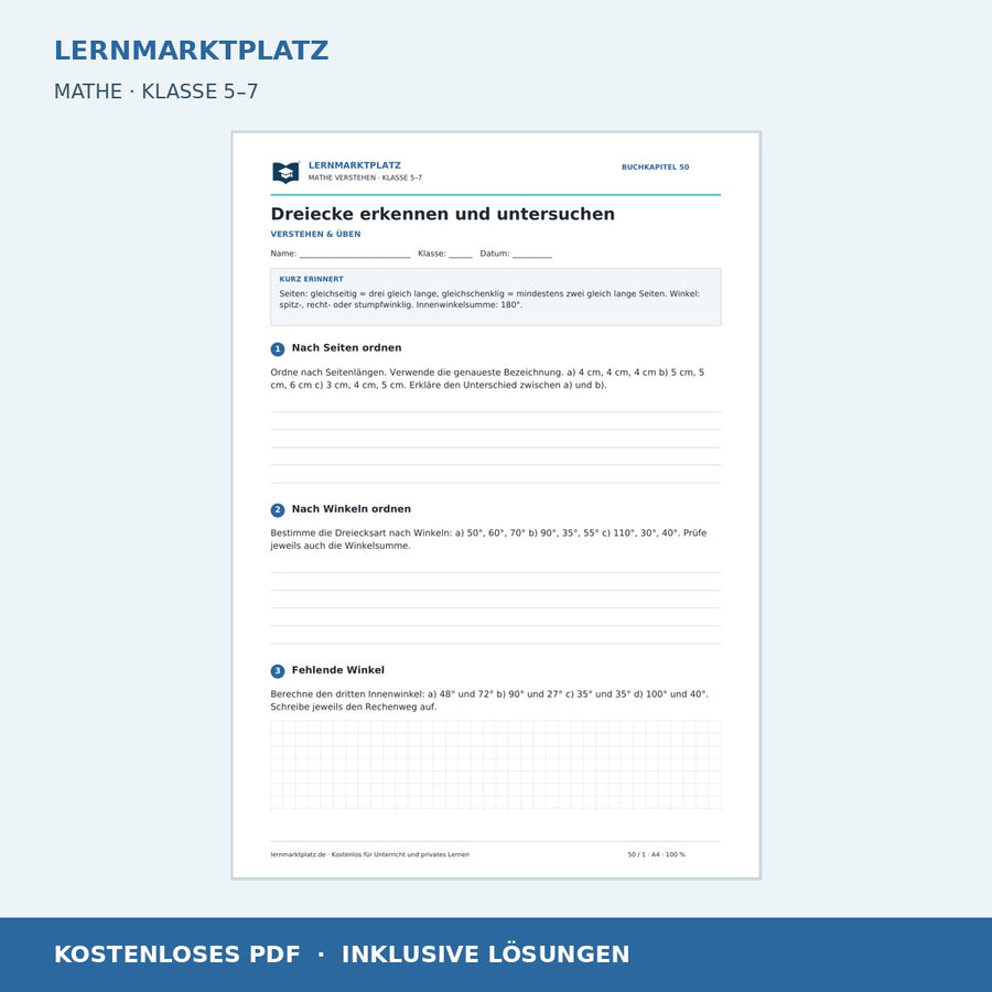 Dreiecke erkennen und untersuchen – kostenloses Mathe-Arbeitsblatt mit Lösungen (PDF) – Vorschau
