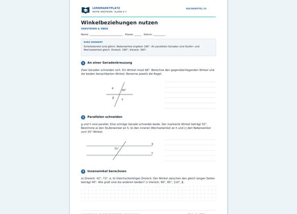 Winkelbeziehungen nutzen – kostenloses Mathe-Arbeitsblatt mit Lösungen (PDF) – Vorschau