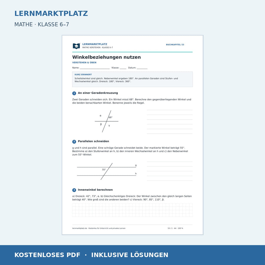 Winkelbeziehungen nutzen – kostenloses Mathe-Arbeitsblatt mit Lösungen (PDF) – Vorschau