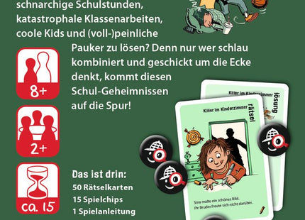 black stories junior – Back to School – Verpackungsrückseite mit Inhalt und Spielangaben