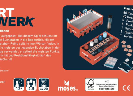 Wortwerk – Das rasante Wortsuchspiel – Verpackungsrückseite mit Spielidee und Inhaltsübersicht