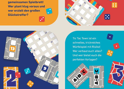 Tic Tac Town – Würfelspiel mit Zahlen und Strategie – Verpackungsrückseite mit Spielablauf und Inhalt