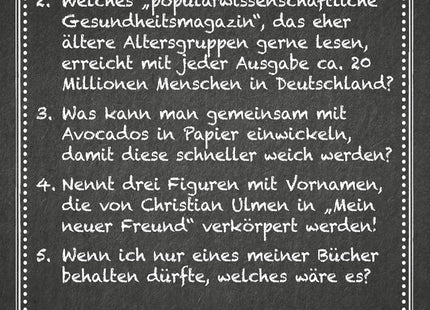Kneipenquiz – Family & Friends Spezial: Gemeinsam rätseln – Beispielkarte mit vier Wissensfragen und einer persönlichen Frage