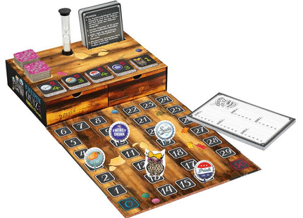Kneipenquiz – Family & Friends Spezial: Gemeinsam rätseln – Spielaufbau mit Spielplan, Figuren, Sanduhr und Notizblock