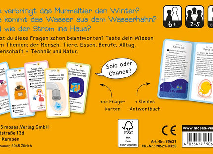 Das Wie-Quiz – 100 Fragen zu Natur, Technik und Alltag – Verpackungsrückseite mit Themenübersicht und Altersaufdruck 6+