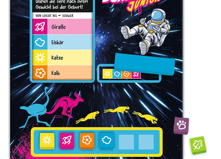 Schätz it Junior – Wissensspiel zum Schätzen und Sortieren – Spielaufbau mit Kartenhalter, Symbolsteinen und Sortieraufgabe