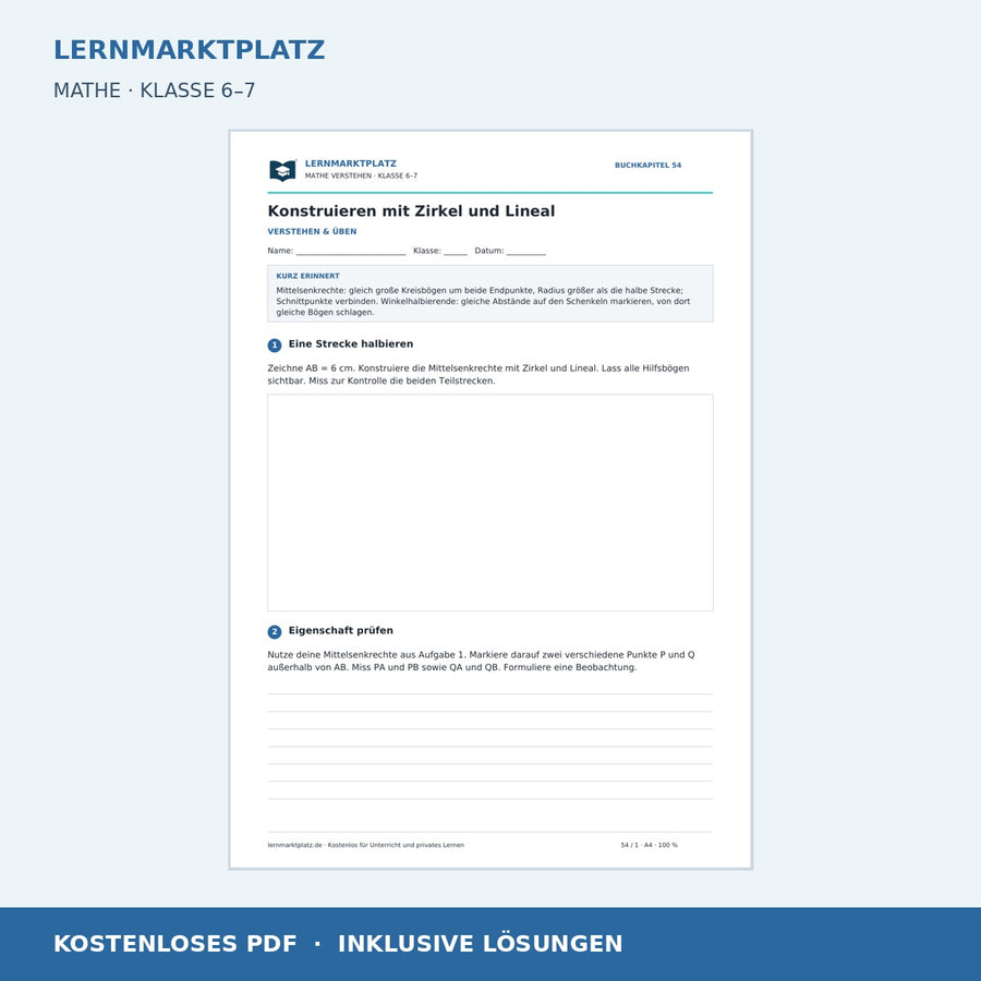 Konstruieren mit Zirkel und Lineal – kostenloses Mathe-Arbeitsblatt mit Lösungen (PDF) – Vorschau