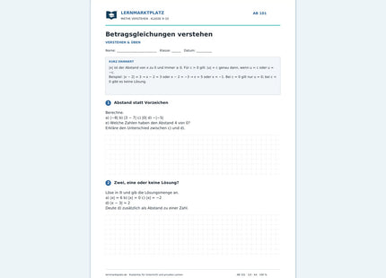 Betragsgleichungen verstehen – kostenloses Mathe-Arbeitsblatt mit Lösungen (PDF)